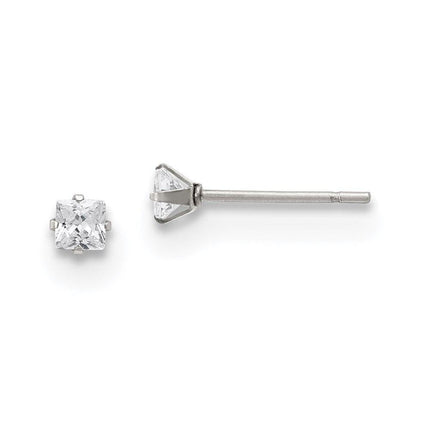 Stainless Steel Polished 3mm Square CZ Stud Post Earrings ,