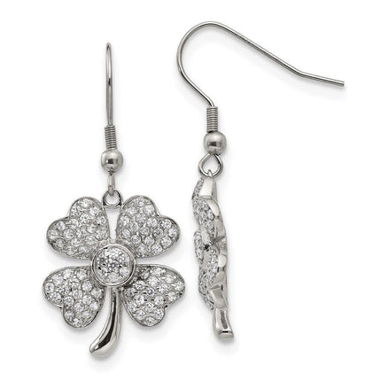 Stainless Steel Polished 4-Leaf Clover w/CZ Shepherd Hook Earrings ,