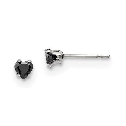 Stainless Steel Polished 4mm Black Heart CZ Stud Post Earrings ,