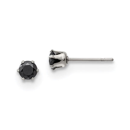 Stainless Steel Polished 4mm Black Round CZ Stud Post Earrings ,