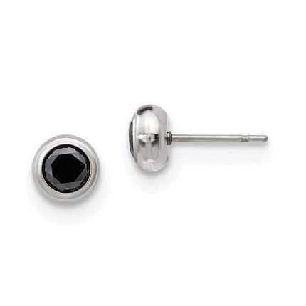 Stainless Steel Polished 5mm Bezel Black CZ Stud Post Earrings ,