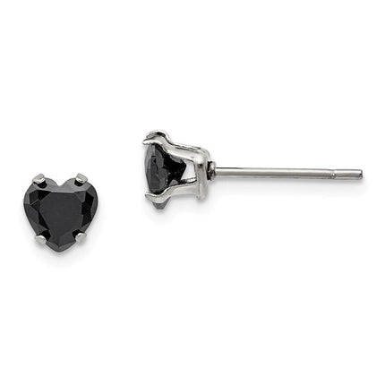 Stainless Steel Polished 5mm Black Heart CZ Stud Post Earrings ,