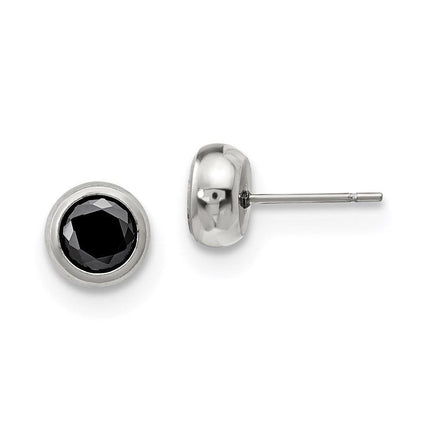Stainless Steel Polished 6mm Bezel Black CZ Stud Post Earrings ,