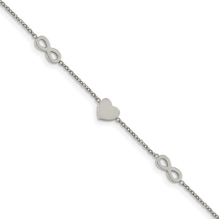 Stainless Steel Polished 7in w/1in ext. Heart and Infinity Bracelet ,