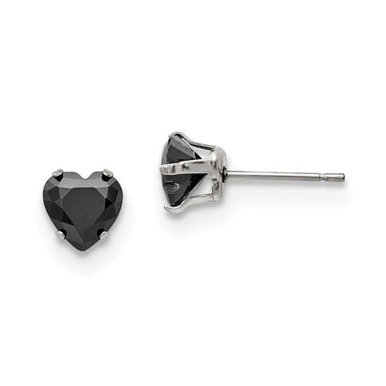 Stainless Steel Polished 7mm Black Heart CZ Stud Post Earrings ,
