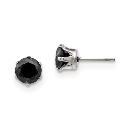 Stainless Steel Polished 7mm Black Round CZ Stud Post Earrings ,