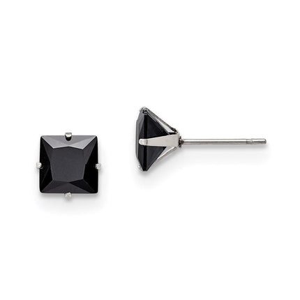 Stainless Steel Polished 7mm Black Square CZ Stud Post Earrings ,