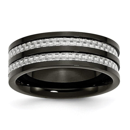 Stainless Steel Polished 8mm Black IP-plated Grey Carbon Fiber Inlay Band ,