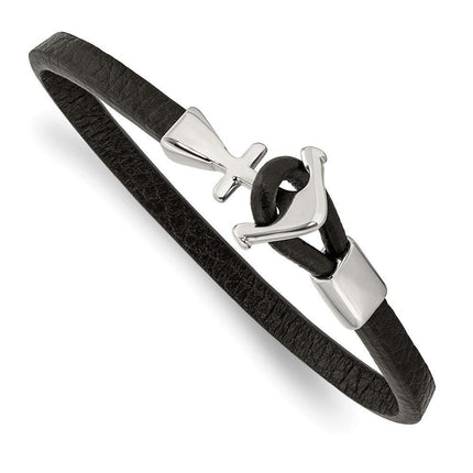 Stainless Steel Polished Anchor Black Leather 8in Bracelet ,