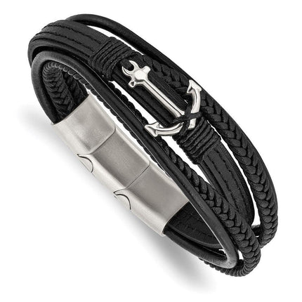 Stainless Steel Polished Anchor Genuine/PU Leather w/.5in ext Bracelet ,