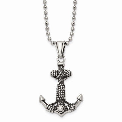 Stainless Steel Polished and Antiqued Anchor Necklace ,