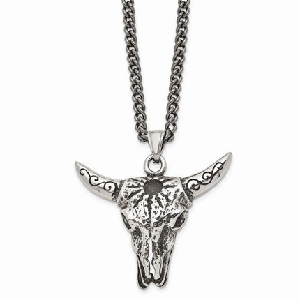 Stainless Steel Polished and Antiqued Animal Skull Necklace ,