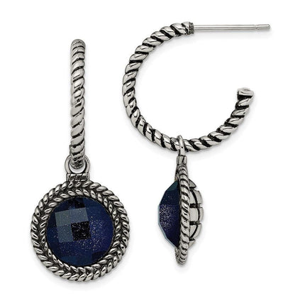 Stainless Steel Polished and Antiqued Blue Sandstone Reversible Earrings ,