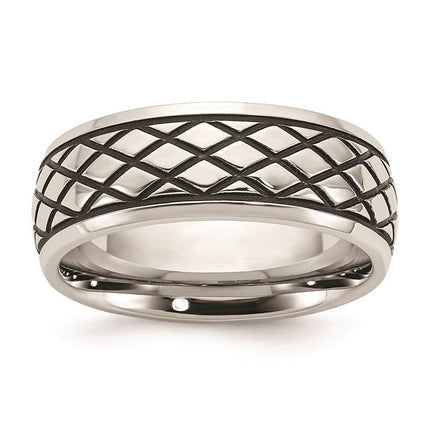 Stainless Steel Polished and Antiqued Checkered Pattern 8mm Band ,