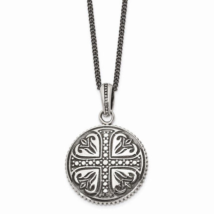 Stainless Steel Polished & Antiqued Cross Circle 22in Necklace ,