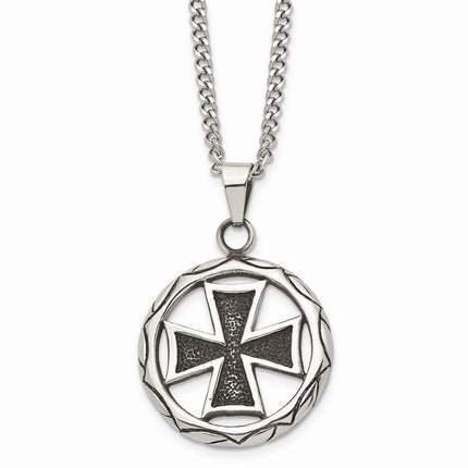 Stainless Steel Polished & Antiqued Cross in Circle 22in Necklace ,