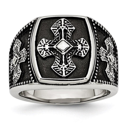 Stainless Steel Polished and Antiqued Cross Ring ,