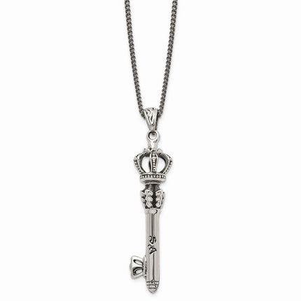 Stainless Steel Polished and Antiqued Crown Key Necklace ,