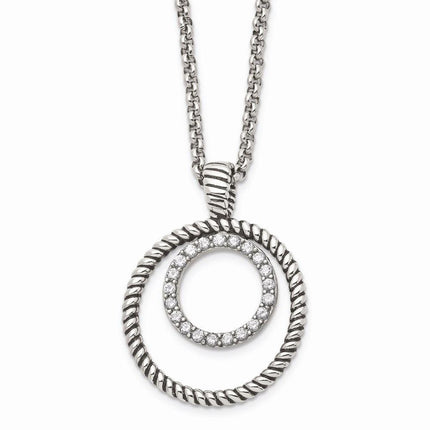 Stainless Steel Polished and Antiqued CZ Circle Necklace ,