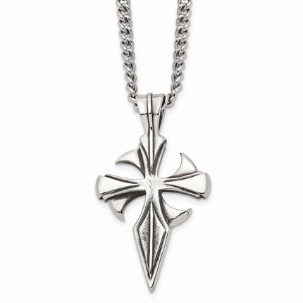 Stainless Steel Polished & Antiqued Dagger Cross 22in Necklace ,