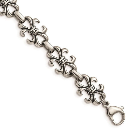 Stainless Steel Polished and Antiqued Fleur de Lis Bracelet ,