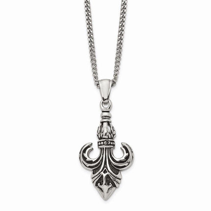 Stainless Steel Polished and Antiqued Fleur de Lis Necklace ,