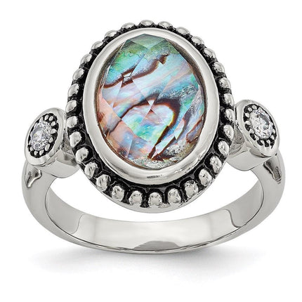 Stainless Steel Polished and Antiqued Imitation Abalone and CZ Ring ,