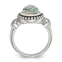 Stainless Steel Polished and Antiqued Imitation Abalone and CZ Ring ,