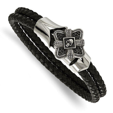 Stainless Steel Polished and Antiqued Leather Bracelet ,
