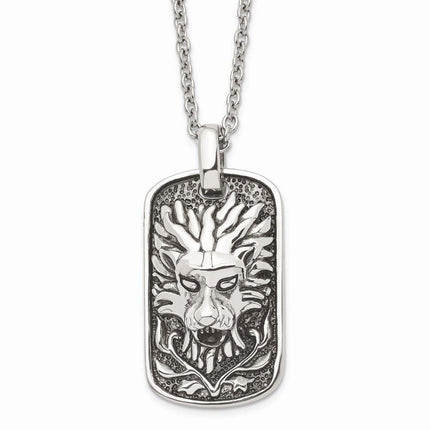 Stainless Steel Polished and Antiqued Lion Dog Tag Necklace ,