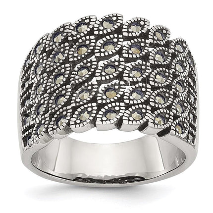 Stainless Steel Polished and Antiqued Marcasite Ring ,