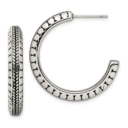 Stainless Steel Polished and Antiqued Post Hoop Earrings ,