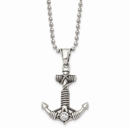 Stainless Steel Polished and Antiqued w/ CZ Anchor Necklace ,