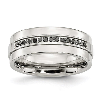 Stainless Steel Polished & Black Diamonds 8mm Band ,