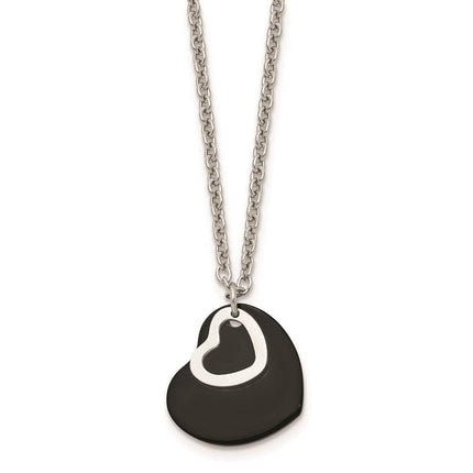 Stainless Steel Polished & Black IP-plated Heart Necklace ,