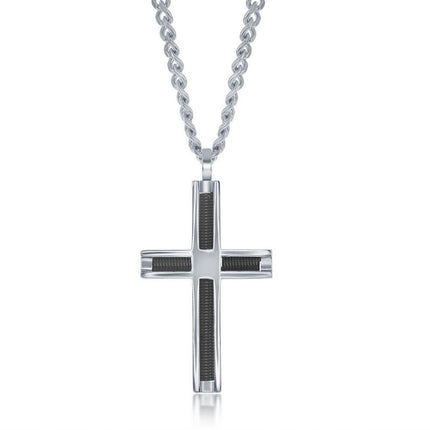Stainless Steel Polished and Black Wire Cross Pendent With Chain ,