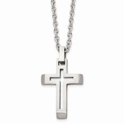 Stainless Steel Polished and Brushed Cut-out Cross Necklace ,