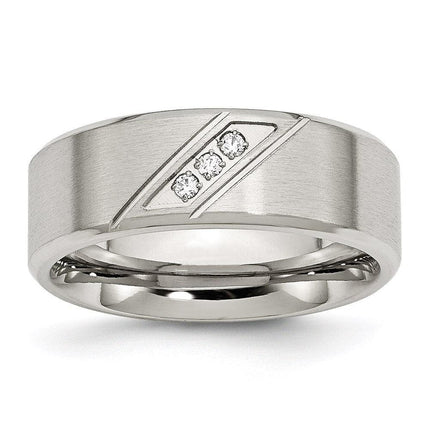 Stainless Steel Polished and Brushed CZ 8mm Beveled Edge Band ,