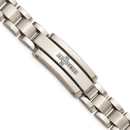 Stainless Steel Polished & Brushed CZ Cross 9in ID Bracelet ,