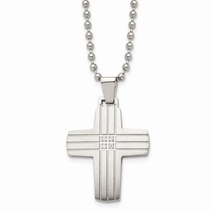 Stainless Steel Polished and Brushed CZ Cross Necklace ,