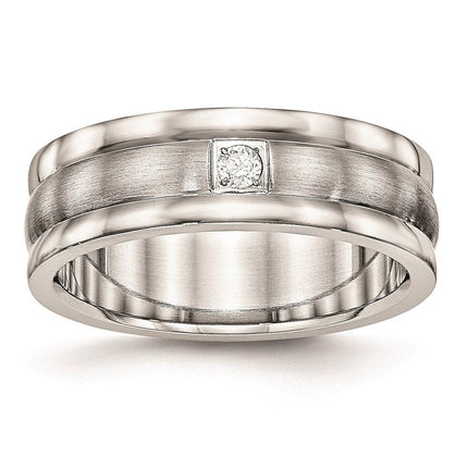 Stainless Steel Polished and Brushed Grooved CZ Ring ,