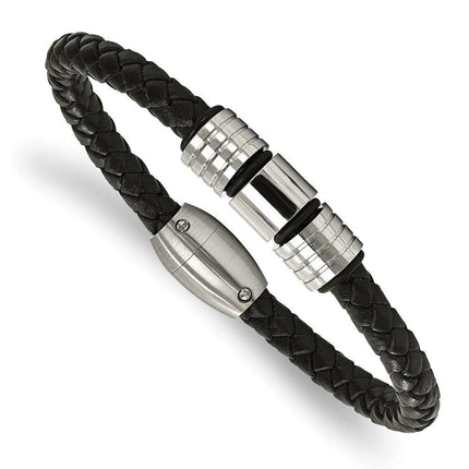 Stainless Steel Polished and Brushed Leather Bracelet ,