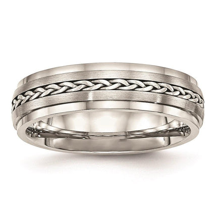 Stainless Steel Polished & Brushed w/Silver Braid Inlay Ring ,
