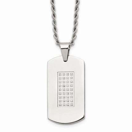 Stainless Steel Polished & CZs Dog Tag Necklace ,