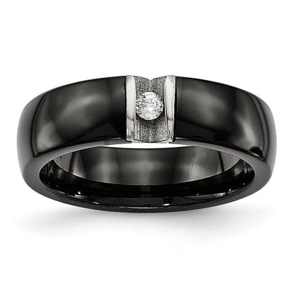 Stainless Steel Polished & Laser Cut Black Ceramic CZ Ring ,