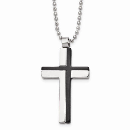 Stainless Steel Polished and Laser Cut Black IP Cross Necklace ,