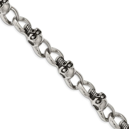 Stainless Steel Polished and Oxidized w/ CZ Skulls 9in. Bracelet ,