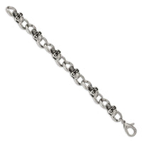 Stainless Steel Polished and Oxidized w/ CZ Skulls 9in. Bracelet ,