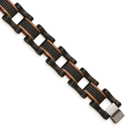 Stainless Steel Polished & Textured Black & Brown IP 8.25in Link Bracelet ,