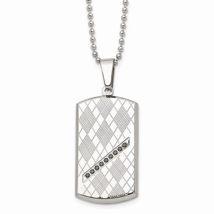 Stainless Steel Polished & Textured Black CZ Dog Tag Necklace ,